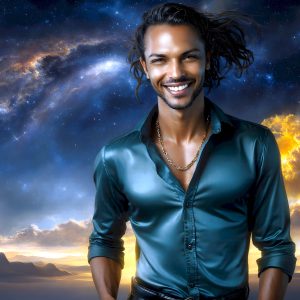 The Beautiful Young Men of the Golden City, is a collection of AI generated images of sexy, glamorous, handsome guys in the heavens. In this fantasy photograph of a young men in their late teens and 20's, overlooking a large golden city in the heavens. Generated to be as realistic as possible, in this this fantasy setting, with todays technology. Wearing jeans, an unbuttoned, vibrant, long-sleeve, button down shirt. The subject is enjoying a beautiful day outdoors. The mystical, galactic landscape, and the vibrant cosmic canopies, every detail, from the texture of the clouds, to the magnificent, majestic gothic architecture of the golden city, is crafted to create an atmosphere of reverence and divine glory. With a breathtaking scene, offering warm golden hour lighting. The heavenly landscape evokes a sense of freedom and tranquility, that is expresses through his facial features and smile, as day turns to night. The heavenly landscape evokes a sense of mysterious black space and light, with a vast galaxy that almost covers the image, the stars and constellations sparkle bright, in dark blue sky.
