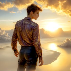 The Beautiful Young Men of the Golden City, is a collection of AI generated images of sexy, glamorous, handsome guys in the heavens. In this fantasy photograph of a young men in their late teens and 20's, overlooking a large golden city in the heavens. Generated to be as realistic as possible, in this this fantasy setting, with todays technology. Wearing jeans, an unbuttoned, vibrant, long-sleeve, button down shirt. The subject is enjoying a beautiful day outdoors. The mystical, galactic landscape, and the vibrant cosmic canopies, every detail, from the texture of the clouds, to the magnificent, majestic gothic architecture of the golden city, is crafted to create an atmosphere of reverence and divine glory. With a breathtaking scene, offering warm golden hour lighting. The heavenly landscape evokes a sense of freedom and tranquility, that is expresses through his facial features and smile, as day turns to night. The heavenly landscape evokes a sense of mysterious black space and light, with a vast galaxy that almost covers the image, the stars and constellations sparkle bright, in dark blue sky.