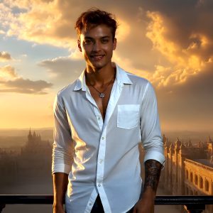 The Beautiful Young Men of the Golden City, is a collection of AI generated images of sexy, glamorous, handsome guys in the heavens. In this fantasy photograph of a young men in their late teens and 20's, overlooking a large golden city in the heavens. Generated to be as realistic as possible, in this this fantasy setting, with todays technology. Wearing jeans, an unbuttoned, vibrant, long-sleeve, button down shirt. The subject is enjoying a beautiful day outdoors. The mystical, galactic landscape, and the vibrant cosmic canopies, every detail, from the texture of the clouds, to the magnificent, majestic gothic architecture of the golden city, is crafted to create an atmosphere of reverence and divine glory. With a breathtaking scene, offering warm golden hour lighting. The heavenly landscape evokes a sense of freedom and tranquility, that is expresses through his facial features and smile, as day turns to night. The heavenly landscape evokes a sense of mysterious black space and light, with a vast galaxy that almost covers the image, the stars and constellations sparkle bright, in dark blue sky.