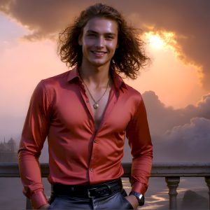 The Beautiful Young Men of the Golden City, is a collection of AI generated images of sexy, glamorous, handsome guys in the heavens. In this fantasy photograph of a young men in their late teens and 20's, overlooking a large golden city in the heavens. Generated to be as realistic as possible, in this this fantasy setting, with todays technology. Wearing jeans, an unbuttoned, vibrant, long-sleeve, button down shirt. The subject is enjoying a beautiful day outdoors. The mystical, galactic landscape, and the vibrant cosmic canopies, every detail, from the texture of the clouds, to the magnificent, majestic gothic architecture of the golden city, is crafted to create an atmosphere of reverence and divine glory. With a breathtaking scene, offering warm golden hour lighting. The heavenly landscape evokes a sense of freedom and tranquility, that is expresses through his facial features and smile, as day turns to night. The heavenly landscape evokes a sense of mysterious black space and light, with a vast galaxy that almost covers the image, the stars and constellations sparkle bright, in dark blue sky.