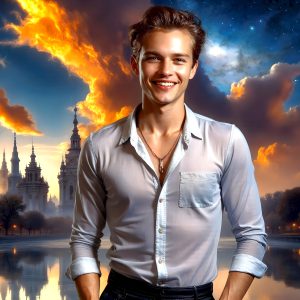 The Beautiful Young Men of the Golden City, is a collection of AI generated images of sexy, glamorous, handsome guys in the heavens. In this fantasy photograph of a young men in their late teens and 20's, overlooking a large golden city in the heavens. Generated to be as realistic as possible, in this this fantasy setting, with todays technology. Wearing jeans, an unbuttoned, vibrant, long-sleeve, button down shirt. The subject is enjoying a beautiful day outdoors. The mystical, galactic landscape, and the vibrant cosmic canopies, every detail, from the texture of the clouds, to the magnificent, majestic gothic architecture of the golden city, is crafted to create an atmosphere of reverence and divine glory. With a breathtaking scene, offering warm golden hour lighting. The heavenly landscape evokes a sense of freedom and tranquility, that is expresses through his facial features and smile, as day turns to night. The heavenly landscape evokes a sense of mysterious black space and light, with a vast galaxy that almost covers the image, the stars and constellations sparkle bright, in dark blue sky.
