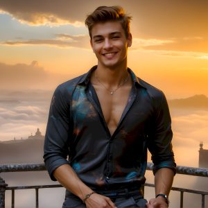 The Beautiful Young Men of the Golden City, is a collection of AI generated images of sexy, glamorous, handsome guys in the heavens. In this fantasy photograph of a young men in their late teens and 20's, overlooking a large golden city in the heavens. Generated to be as realistic as possible, in this this fantasy setting, with todays technology. Wearing jeans, an unbuttoned, vibrant, long-sleeve, button down shirt. The subject is enjoying a beautiful day outdoors. The mystical, galactic landscape, and the vibrant cosmic canopies, every detail, from the texture of the clouds, to the magnificent, majestic gothic architecture of the golden city, is crafted to create an atmosphere of reverence and divine glory. With a breathtaking scene, offering warm golden hour lighting. The heavenly landscape evokes a sense of freedom and tranquility, that is expresses through his facial features and smile, as day turns to night. The heavenly landscape evokes a sense of mysterious black space and light, with a vast galaxy that almost covers the image, the stars and constellations sparkle bright, in dark blue sky.