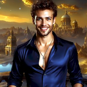The Beautiful Young Men of the Golden City, is a collection of AI generated images of sexy, glamorous, handsome guys in the heavens. In this fantasy photograph of a young men in their late teens and 20's, overlooking a large golden city in the heavens. Generated to be as realistic as possible, in this this fantasy setting, with todays technology. Wearing jeans, an unbuttoned, vibrant, long-sleeve, button down shirt. The subject is enjoying a beautiful day outdoors. The mystical, galactic landscape, and the vibrant cosmic canopies, every detail, from the texture of the clouds, to the magnificent, majestic gothic architecture of the golden city, is crafted to create an atmosphere of reverence and divine glory. With a breathtaking scene, offering warm golden hour lighting. The heavenly landscape evokes a sense of freedom and tranquility, that is expresses through his facial features and smile, as day turns to night. The heavenly landscape evokes a sense of mysterious black space and light, with a vast galaxy that almost covers the image, the stars and constellations sparkle bright, in dark blue sky.