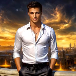 The Beautiful Young Men of the Golden City, is a collection of AI generated images of sexy, glamorous, handsome guys in the heavens. In this fantasy photograph of a young men in their late teens and 20's, overlooking a large golden city in the heavens. Generated to be as realistic as possible, in this this fantasy setting, with todays technology. Wearing jeans, an unbuttoned, vibrant, long-sleeve, button down shirt. The subject is enjoying a beautiful day outdoors. The mystical, galactic landscape, and the vibrant cosmic canopies, every detail, from the texture of the clouds, to the magnificent, majestic gothic architecture of the golden city, is crafted to create an atmosphere of reverence and divine glory. With a breathtaking scene, offering warm golden hour lighting. The heavenly landscape evokes a sense of freedom and tranquility, that is expresses through his facial features and smile, as day turns to night. The heavenly landscape evokes a sense of mysterious black space and light, with a vast galaxy that almost covers the image, the stars and constellations sparkle bright, in dark blue sky.