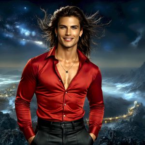 The Beautiful Young Men of the Golden City, is a collection of AI generated images of sexy, glamorous, handsome guys in the heavens. In this fantasy photograph of a young men in their late teens and 20's, overlooking a large golden city in the heavens. Generated to be as realistic as possible, in this this fantasy setting, with todays technology. Wearing jeans, an unbuttoned, vibrant, long-sleeve, button down shirt. The subject is enjoying a beautiful day outdoors. The mystical, galactic landscape, and the vibrant cosmic canopies, every detail, from the texture of the clouds, to the magnificent, majestic gothic architecture of the golden city, is crafted to create an atmosphere of reverence and divine glory. With a breathtaking scene, offering warm golden hour lighting. The heavenly landscape evokes a sense of freedom and tranquility, that is expresses through his facial features and smile, as day turns to night. The heavenly landscape evokes a sense of mysterious black space and light, with a vast galaxy that almost covers the image, the stars and constellations sparkle bright, in dark blue sky.