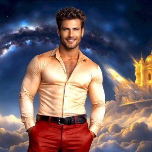 The Beautiful Young Men of the Golden City, is a collection of AI generated images of sexy, glamorous, handsome guys in the heavens. In this fantasy photograph of a young men in their late teens and 20's, overlooking a large golden city in the heavens. Generated to be as realistic as possible, in this this fantasy setting, with todays technology. Wearing jeans, an unbuttoned, vibrant, long-sleeve, button down shirt. The subject is enjoying a beautiful day outdoors. The mystical, galactic landscape, and the vibrant cosmic canopies, every detail, from the texture of the clouds, to the magnificent, majestic gothic architecture of the golden city, is crafted to create an atmosphere of reverence and divine glory. With a breathtaking scene, offering warm golden hour lighting. The heavenly landscape evokes a sense of freedom and tranquility, that is expresses through his facial features and smile, as day turns to night. The heavenly landscape evokes a sense of mysterious black space and light, with a vast galaxy that almost covers the image, the stars and constellations sparkle bright, in dark blue sky.