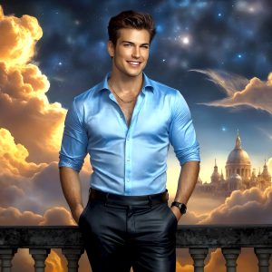 The Beautiful Young Men of the Golden City, is a collection of AI generated images of sexy, glamorous, handsome guys in the heavens. In this fantasy photograph of a young men in their late teens and 20's, overlooking a large golden city in the heavens. Generated to be as realistic as possible, in this this fantasy setting, with todays technology. Wearing jeans, an unbuttoned, vibrant, long-sleeve, button down shirt. The subject is enjoying a beautiful day outdoors. The mystical, galactic landscape, and the vibrant cosmic canopies, every detail, from the texture of the clouds, to the magnificent, majestic gothic architecture of the golden city, is crafted to create an atmosphere of reverence and divine glory. With a breathtaking scene, offering warm golden hour lighting. The heavenly landscape evokes a sense of freedom and tranquility, that is expresses through his facial features and smile, as day turns to night. The heavenly landscape evokes a sense of mysterious black space and light, with a vast galaxy that almost covers the image, the stars and constellations sparkle bright, in dark blue sky.