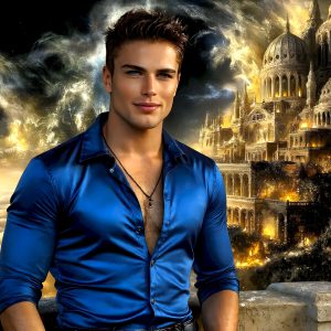 The Beautiful Young Men of the Golden City, is a collection of AI generated images of sexy, glamorous, handsome guys in the heavens. In this fantasy photograph of a young men in their late teens and 20's, overlooking a large golden city in the heavens. Generated to be as realistic as possible, in this this fantasy setting, with todays technology. Wearing jeans, an unbuttoned, vibrant, long-sleeve, button down shirt. The subject is enjoying a beautiful day outdoors. The mystical, galactic landscape, and the vibrant cosmic canopies, every detail, from the texture of the clouds, to the magnificent, majestic gothic architecture of the golden city, is crafted to create an atmosphere of reverence and divine glory. With a breathtaking scene, offering warm golden hour lighting. The heavenly landscape evokes a sense of freedom and tranquility, that is expresses through his facial features and smile, as day turns to night. The heavenly landscape evokes a sense of mysterious black space and light, with a vast galaxy that almost covers the image, the stars and constellations sparkle bright, in dark blue sky.