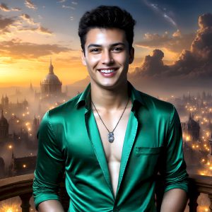 The Beautiful Young Men of the Golden City, is a collection of AI generated images of sexy, glamorous, handsome guys in the heavens. In this fantasy photograph of a young men in their late teens and 20's, overlooking a large golden city in the heavens. Generated to be as realistic as possible, in this this fantasy setting, with todays technology. Wearing jeans, an unbuttoned, vibrant, long-sleeve, button down shirt. The subject is enjoying a beautiful day outdoors. The mystical, galactic landscape, and the vibrant cosmic canopies, every detail, from the texture of the clouds, to the magnificent, majestic gothic architecture of the golden city, is crafted to create an atmosphere of reverence and divine glory. With a breathtaking scene, offering warm golden hour lighting. The heavenly landscape evokes a sense of freedom and tranquility, that is expresses through his facial features and smile, as day turns to night. The heavenly landscape evokes a sense of mysterious black space and light, with a vast galaxy that almost covers the image, the stars and constellations sparkle bright, in dark blue sky.