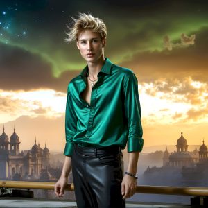 The Beautiful Young Men of the Golden City, is a collection of AI generated images of sexy, glamorous, handsome guys in the heavens. In this fantasy photograph of a young men in their late teens and 20's, overlooking a large golden city in the heavens. Generated to be as realistic as possible, in this this fantasy setting, with todays technology. Wearing jeans, an unbuttoned, vibrant, long-sleeve, button down shirt. The subject is enjoying a beautiful day outdoors. The mystical, galactic landscape, and the vibrant cosmic canopies, every detail, from the texture of the clouds, to the magnificent, majestic gothic architecture of the golden city, is crafted to create an atmosphere of reverence and divine glory. With a breathtaking scene, offering warm golden hour lighting. The heavenly landscape evokes a sense of freedom and tranquility, that is expresses through his facial features and smile, as day turns to night. The heavenly landscape evokes a sense of mysterious black space and light, with a vast galaxy that almost covers the image, the stars and constellations sparkle bright, in dark blue sky.