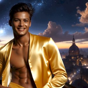 The Beautiful Young Men of the Golden City, is a collection of AI generated images of sexy, glamorous, handsome guys in the heavens. In this fantasy photograph of a young men in their late teens and 20's, overlooking a large golden city in the heavens. Generated to be as realistic as possible, in this this fantasy setting, with todays technology. Wearing jeans, an unbuttoned, vibrant, long-sleeve, button down shirt. The subject is enjoying a beautiful day outdoors. The mystical, galactic landscape, and the vibrant cosmic canopies, every detail, from the texture of the clouds, to the magnificent, majestic gothic architecture of the golden city, is crafted to create an atmosphere of reverence and divine glory. With a breathtaking scene, offering warm golden hour lighting. The heavenly landscape evokes a sense of freedom and tranquility, that is expresses through his facial features and smile, as day turns to night. The heavenly landscape evokes a sense of mysterious black space and light, with a vast galaxy that almost covers the image, the stars and constellations sparkle bright, in dark blue sky.