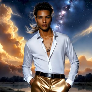 The Beautiful Young Men of the Golden City, is a collection of AI generated images of sexy, glamorous, handsome guys in the heavens. In this fantasy photograph of a young men in their late teens and 20's, overlooking a large golden city in the heavens. Generated to be as realistic as possible, in this this fantasy setting, with todays technology. Wearing jeans, an unbuttoned, vibrant, long-sleeve, button down shirt. The subject is enjoying a beautiful day outdoors. The mystical, galactic landscape, and the vibrant cosmic canopies, every detail, from the texture of the clouds, to the magnificent, majestic gothic architecture of the golden city, is crafted to create an atmosphere of reverence and divine glory. With a breathtaking scene, offering warm golden hour lighting. The heavenly landscape evokes a sense of freedom and tranquility, that is expresses through his facial features and smile, as day turns to night. The heavenly landscape evokes a sense of mysterious black space and light, with a vast galaxy that almost covers the image, the stars and constellations sparkle bright, in dark blue sky.