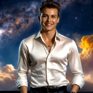 The Beautiful Young Men of the Golden City, is a collection of AI generated images of sexy, glamorous, handsome guys in the heavens. In this fantasy photograph of a young men in their late teens and 20's, overlooking a large golden city in the heavens. Generated to be as realistic as possible, in this this fantasy setting, with todays technology. Wearing jeans, an unbuttoned, vibrant, long-sleeve, button down shirt. The subject is enjoying a beautiful day outdoors. The mystical, galactic landscape, and the vibrant cosmic canopies, every detail, from the texture of the clouds, to the magnificent, majestic gothic architecture of the golden city, is crafted to create an atmosphere of reverence and divine glory. With a breathtaking scene, offering warm golden hour lighting. The heavenly landscape evokes a sense of freedom and tranquility, that is expresses through his facial features and smile, as day turns to night. The heavenly landscape evokes a sense of mysterious black space and light, with a vast galaxy that almost covers the image, the stars and constellations sparkle bright, in dark blue sky.