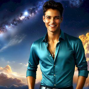 The Beautiful Young Men of the Golden City, is a collection of AI generated images of sexy, glamorous, handsome guys in the heavens. In this fantasy photograph of a young men in their late teens and 20's, overlooking a large golden city in the heavens. Generated to be as realistic as possible, in this this fantasy setting, with todays technology. Wearing jeans, an unbuttoned, vibrant, long-sleeve, button down shirt. The subject is enjoying a beautiful day outdoors. The mystical, galactic landscape, and the vibrant cosmic canopies, every detail, from the texture of the clouds, to the magnificent, majestic gothic architecture of the golden city, is crafted to create an atmosphere of reverence and divine glory. With a breathtaking scene, offering warm golden hour lighting. The heavenly landscape evokes a sense of freedom and tranquility, that is expresses through his facial features and smile, as day turns to night. The heavenly landscape evokes a sense of mysterious black space and light, with a vast galaxy that almost covers the image, the stars and constellations sparkle bright, in dark blue sky.