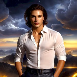 The Beautiful Young Men of the Golden City, is a collection of AI generated images of sexy, glamorous, handsome guys in the heavens. In this fantasy photograph of a young men in their late teens and 20's, overlooking a large golden city in the heavens. Generated to be as realistic as possible, in this this fantasy setting, with todays technology. Wearing jeans, an unbuttoned, vibrant, long-sleeve, button down shirt. The subject is enjoying a beautiful day outdoors. The mystical, galactic landscape, and the vibrant cosmic canopies, every detail, from the texture of the clouds, to the magnificent, majestic gothic architecture of the golden city, is crafted to create an atmosphere of reverence and divine glory. With a breathtaking scene, offering warm golden hour lighting. The heavenly landscape evokes a sense of freedom and tranquility, that is expresses through his facial features and smile, as day turns to night. The heavenly landscape evokes a sense of mysterious black space and light, with a vast galaxy that almost covers the image, the stars and constellations sparkle bright, in dark blue sky.