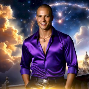 The Beautiful Young Men of the Golden City, is a collection of AI generated images of sexy, glamorous, handsome guys in the heavens. In this fantasy photograph of a young men in their late teens and 20's, overlooking a large golden city in the heavens. Generated to be as realistic as possible, in this this fantasy setting, with todays technology. Wearing jeans, an unbuttoned, vibrant, long-sleeve, button down shirt. The subject is enjoying a beautiful day outdoors. The mystical, galactic landscape, and the vibrant cosmic canopies, every detail, from the texture of the clouds, to the magnificent, majestic gothic architecture of the golden city, is crafted to create an atmosphere of reverence and divine glory. With a breathtaking scene, offering warm golden hour lighting. The heavenly landscape evokes a sense of freedom and tranquility, that is expresses through his facial features and smile, as day turns to night. The heavenly landscape evokes a sense of mysterious black space and light, with a vast galaxy that almost covers the image, the stars and constellations sparkle bright, in dark blue sky.