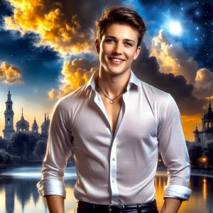 The Beautiful Young Men of the Golden City, is a collection of AI generated images of sexy, glamorous, handsome guys in the heavens. In this fantasy photograph of a young men in their late teens and 20's, overlooking a large golden city in the heavens. Generated to be as realistic as possible, in this this fantasy setting, with todays technology. Wearing jeans, an unbuttoned, vibrant, long-sleeve, button down shirt. The subject is enjoying a beautiful day outdoors. The mystical, galactic landscape, and the vibrant cosmic canopies, every detail, from the texture of the clouds, to the magnificent, majestic gothic architecture of the golden city, is crafted to create an atmosphere of reverence and divine glory. With a breathtaking scene, offering warm golden hour lighting. The heavenly landscape evokes a sense of freedom and tranquility, that is expresses through his facial features and smile, as day turns to night. The heavenly landscape evokes a sense of mysterious black space and light, with a vast galaxy that almost covers the image, the stars and constellations sparkle bright, in dark blue sky.