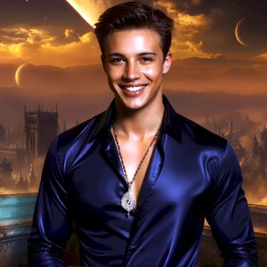 The Beautiful Young Men of the Golden City, is a collection of AI generated images of sexy, glamorous, handsome guys in the heavens. In this fantasy photograph of a young men in their late teens and 20's, overlooking a large golden city in the heavens. Generated to be as realistic as possible, in this this fantasy setting, with todays technology. Wearing jeans, an unbuttoned, vibrant, long-sleeve, button down shirt. The subject is enjoying a beautiful day outdoors. The mystical, galactic landscape, and the vibrant cosmic canopies, every detail, from the texture of the clouds, to the magnificent, majestic gothic architecture of the golden city, is crafted to create an atmosphere of reverence and divine glory. With a breathtaking scene, offering warm golden hour lighting. The heavenly landscape evokes a sense of freedom and tranquility, that is expresses through his facial features and smile, as day turns to night. The heavenly landscape evokes a sense of mysterious black space and light, with a vast galaxy that almost covers the image, the stars and constellations sparkle bright, in dark blue sky.