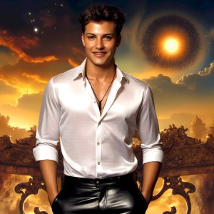 The Beautiful Young Men of the Golden City, is a collection of AI generated images of sexy, glamorous, handsome guys in the heavens. In this fantasy photograph of a young men in their late teens and 20's, overlooking a large golden city in the heavens. Generated to be as realistic as possible, in this this fantasy setting, with todays technology. Wearing jeans, an unbuttoned, vibrant, long-sleeve, button down shirt. The subject is enjoying a beautiful day outdoors. The mystical, galactic landscape, and the vibrant cosmic canopies, every detail, from the texture of the clouds, to the magnificent, majestic gothic architecture of the golden city, is crafted to create an atmosphere of reverence and divine glory. With a breathtaking scene, offering warm golden hour lighting. The heavenly landscape evokes a sense of freedom and tranquility, that is expresses through his facial features and smile, as day turns to night. The heavenly landscape evokes a sense of mysterious black space and light, with a vast galaxy that almost covers the image, the stars and constellations sparkle bright, in dark blue sky.