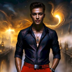 The Beautiful Young Men of the Golden City, is a collection of AI generated images of sexy, glamorous, handsome guys in the heavens. In this fantasy photograph of a young men in their late teens and 20's, overlooking a large golden city in the heavens. Generated to be as realistic as possible, in this this fantasy setting, with todays technology. Wearing jeans, an unbuttoned, vibrant, long-sleeve, button down shirt. The subject is enjoying a beautiful day outdoors. The mystical, galactic landscape, and the vibrant cosmic canopies, every detail, from the texture of the clouds, to the magnificent, majestic gothic architecture of the golden city, is crafted to create an atmosphere of reverence and divine glory. With a breathtaking scene, offering warm golden hour lighting. The heavenly landscape evokes a sense of freedom and tranquility, that is expresses through his facial features and smile, as day turns to night. The heavenly landscape evokes a sense of mysterious black space and light, with a vast galaxy that almost covers the image, the stars and constellations sparkle bright, in dark blue sky.