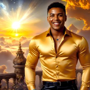 The Beautiful Young Men of the Golden City, is a collection of AI generated images of sexy, glamorous, handsome guys in the heavens. In this fantasy photograph of a young men in their late teens and 20's, overlooking a large golden city in the heavens. Generated to be as realistic as possible, in this this fantasy setting, with todays technology. Wearing jeans, an unbuttoned, vibrant, long-sleeve, button down shirt. The subject is enjoying a beautiful day outdoors. The mystical, galactic landscape, and the vibrant cosmic canopies, every detail, from the texture of the clouds, to the magnificent, majestic gothic architecture of the golden city, is crafted to create an atmosphere of reverence and divine glory. With a breathtaking scene, offering warm golden hour lighting. The heavenly landscape evokes a sense of freedom and tranquility, that is expresses through his facial features and smile, as day turns to night. The heavenly landscape evokes a sense of mysterious black space and light, with a vast galaxy that almost covers the image, the stars and constellations sparkle bright, in dark blue sky.