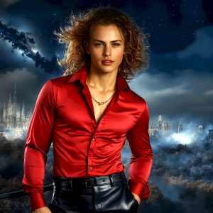 The Beautiful Young Men of the Golden City, is a collection of AI generated images of sexy, glamorous, handsome guys in the heavens. In this fantasy photograph of a young men in their late teens and 20's, overlooking a large golden city in the heavens. Generated to be as realistic as possible, in this this fantasy setting, with todays technology. Wearing jeans, an unbuttoned, vibrant, long-sleeve, button down shirt. The subject is enjoying a beautiful day outdoors. The mystical, galactic landscape, and the vibrant cosmic canopies, every detail, from the texture of the clouds, to the magnificent, majestic gothic architecture of the golden city, is crafted to create an atmosphere of reverence and divine glory. With a breathtaking scene, offering warm golden hour lighting. The heavenly landscape evokes a sense of freedom and tranquility, that is expresses through his facial features and smile, as day turns to night. The heavenly landscape evokes a sense of mysterious black space and light, with a vast galaxy that almost covers the image, the stars and constellations sparkle bright, in dark blue sky.