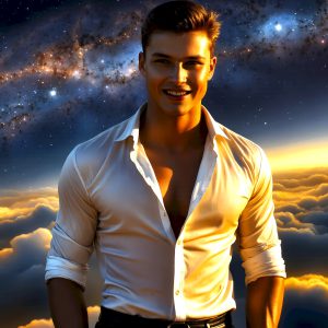 The Beautiful Young Men of the Golden City, is a collection of AI generated images of sexy, glamorous, handsome guys in the heavens. In this fantasy photograph of a young men in their late teens and 20's, overlooking a large golden city in the heavens. Generated to be as realistic as possible, in this this fantasy setting, with todays technology. Wearing jeans, an unbuttoned, vibrant, long-sleeve, button down shirt. The subject is enjoying a beautiful day outdoors. The mystical, galactic landscape, and the vibrant cosmic canopies, every detail, from the texture of the clouds, to the magnificent, majestic gothic architecture of the golden city, is crafted to create an atmosphere of reverence and divine glory. With a breathtaking scene, offering warm golden hour lighting. The heavenly landscape evokes a sense of freedom and tranquility, that is expresses through his facial features and smile, as day turns to night. The heavenly landscape evokes a sense of mysterious black space and light, with a vast galaxy that almost covers the image, the stars and constellations sparkle bright, in dark blue sky.
