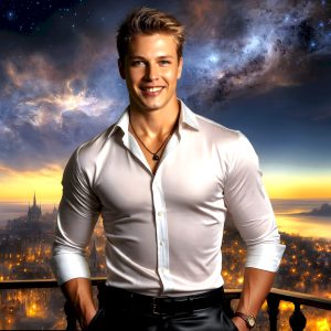 The Beautiful Young Men of the Golden City, is a collection of AI generated images of sexy, glamorous, handsome guys in the heavens. In this fantasy photograph of a young men in their late teens and 20's, overlooking a large golden city in the heavens. Generated to be as realistic as possible, in this this fantasy setting, with todays technology. Wearing jeans, an unbuttoned, vibrant, long-sleeve, button down shirt. The subject is enjoying a beautiful day outdoors. The mystical, galactic landscape, and the vibrant cosmic canopies, every detail, from the texture of the clouds, to the magnificent, majestic gothic architecture of the golden city, is crafted to create an atmosphere of reverence and divine glory. With a breathtaking scene, offering warm golden hour lighting. The heavenly landscape evokes a sense of freedom and tranquility, that is expresses through his facial features and smile, as day turns to night. The heavenly landscape evokes a sense of mysterious black space and light, with a vast galaxy that almost covers the image, the stars and constellations sparkle bright, in dark blue sky.