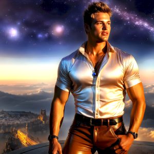 The Beautiful Young Men of the Golden City, is a collection of AI generated images of sexy, glamorous, handsome guys in the heavens. In this fantasy photograph of a young men in their late teens and 20's, overlooking a large golden city in the heavens. Generated to be as realistic as possible, in this this fantasy setting, with todays technology. Wearing jeans, an unbuttoned, vibrant, long-sleeve, button down shirt. The subject is enjoying a beautiful day outdoors. The mystical, galactic landscape, and the vibrant cosmic canopies, every detail, from the texture of the clouds, to the magnificent, majestic gothic architecture of the golden city, is crafted to create an atmosphere of reverence and divine glory. With a breathtaking scene, offering warm golden hour lighting. The heavenly landscape evokes a sense of freedom and tranquility, that is expresses through his facial features and smile, as day turns to night. The heavenly landscape evokes a sense of mysterious black space and light, with a vast galaxy that almost covers the image, the stars and constellations sparkle bright, in dark blue sky.