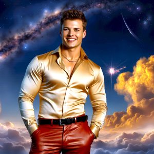 The Beautiful Young Men of the Golden City, is a collection of AI generated images of sexy, glamorous, handsome guys in the heavens. In this fantasy photograph of a young men in their late teens and 20's, overlooking a large golden city in the heavens. Generated to be as realistic as possible, in this this fantasy setting, with todays technology. Wearing jeans, an unbuttoned, vibrant, long-sleeve, button down shirt. The subject is enjoying a beautiful day outdoors. The mystical, galactic landscape, and the vibrant cosmic canopies, every detail, from the texture of the clouds, to the magnificent, majestic gothic architecture of the golden city, is crafted to create an atmosphere of reverence and divine glory. With a breathtaking scene, offering warm golden hour lighting. The heavenly landscape evokes a sense of freedom and tranquility, that is expresses through his facial features and smile, as day turns to night. The heavenly landscape evokes a sense of mysterious black space and light, with a vast galaxy that almost covers the image, the stars and constellations sparkle bright, in dark blue sky.