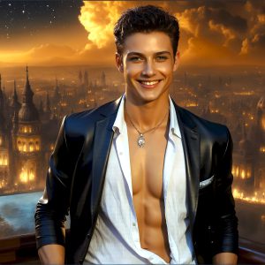 The Beautiful Young Men of the Golden City, is a collection of AI generated images of sexy, glamorous, handsome guys in the heavens. In this fantasy photograph of a young men in their late teens and 20's, overlooking a large golden city in the heavens. Generated to be as realistic as possible, in this this fantasy setting, with todays technology. Wearing jeans, an unbuttoned, vibrant, long-sleeve, button down shirt. The subject is enjoying a beautiful day outdoors. The mystical, galactic landscape, and the vibrant cosmic canopies, every detail, from the texture of the clouds, to the magnificent, majestic gothic architecture of the golden city, is crafted to create an atmosphere of reverence and divine glory. With a breathtaking scene, offering warm golden hour lighting. The heavenly landscape evokes a sense of freedom and tranquility, that is expresses through his facial features and smile, as day turns to night. The heavenly landscape evokes a sense of mysterious black space and light, with a vast galaxy that almost covers the image, the stars and constellations sparkle bright, in dark blue sky.