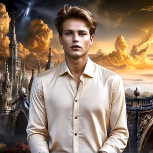 The Beautiful Young Men of the Golden City, is a collection of AI generated images of sexy, glamorous, handsome guys in the heavens. In this fantasy photograph of a young men in their late teens and 20's, overlooking a large golden city in the heavens. Generated to be as realistic as possible, in this this fantasy setting, with todays technology. Wearing jeans, an unbuttoned, vibrant, long-sleeve, button down shirt. The subject is enjoying a beautiful day outdoors. The mystical, galactic landscape, and the vibrant cosmic canopies, every detail, from the texture of the clouds, to the magnificent, majestic gothic architecture of the golden city, is crafted to create an atmosphere of reverence and divine glory. With a breathtaking scene, offering warm golden hour lighting. The heavenly landscape evokes a sense of freedom and tranquility, that is expresses through his facial features and smile, as day turns to night. The heavenly landscape evokes a sense of mysterious black space and light, with a vast galaxy that almost covers the image, the stars and constellations sparkle bright, in dark blue sky.