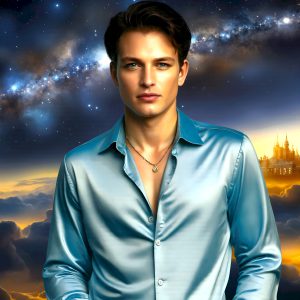 The Beautiful Young Men of the Golden City, is a collection of AI generated images of sexy, glamorous, handsome guys in the heavens. In this fantasy photograph of a young men in their late teens and 20's, overlooking a large golden city in the heavens. Generated to be as realistic as possible, in this this fantasy setting, with todays technology. Wearing jeans, an unbuttoned, vibrant, long-sleeve, button down shirt. The subject is enjoying a beautiful day outdoors. The mystical, galactic landscape, and the vibrant cosmic canopies, every detail, from the texture of the clouds, to the magnificent, majestic gothic architecture of the golden city, is crafted to create an atmosphere of reverence and divine glory. With a breathtaking scene, offering warm golden hour lighting. The heavenly landscape evokes a sense of freedom and tranquility, that is expresses through his facial features and smile, as day turns to night. The heavenly landscape evokes a sense of mysterious black space and light, with a vast galaxy that almost covers the image, the stars and constellations sparkle bright, in dark blue sky.