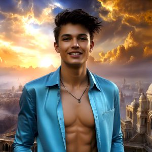 The Beautiful Young Men of the Golden City, is a collection of AI generated images of sexy, glamorous, handsome guys in the heavens. In this fantasy photograph of a young men in their late teens and 20's, overlooking a large golden city in the heavens. Generated to be as realistic as possible, in this this fantasy setting, with todays technology. Wearing jeans, an unbuttoned, vibrant, long-sleeve, button down shirt. The subject is enjoying a beautiful day outdoors. The mystical, galactic landscape, and the vibrant cosmic canopies, every detail, from the texture of the clouds, to the magnificent, majestic gothic architecture of the golden city, is crafted to create an atmosphere of reverence and divine glory. With a breathtaking scene, offering warm golden hour lighting. The heavenly landscape evokes a sense of freedom and tranquility, that is expresses through his facial features and smile, as day turns to night. The heavenly landscape evokes a sense of mysterious black space and light, with a vast galaxy that almost covers the image, the stars and constellations sparkle bright, in dark blue sky.