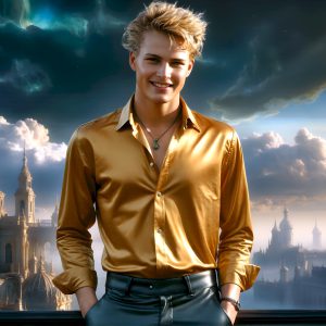 The Beautiful Young Men of the Golden City, is a collection of AI generated images of sexy, glamorous, handsome guys in the heavens. In this fantasy photograph of a young men in their late teens and 20's, overlooking a large golden city in the heavens. Generated to be as realistic as possible, in this this fantasy setting, with todays technology. Wearing jeans, an unbuttoned, vibrant, long-sleeve, button down shirt. The subject is enjoying a beautiful day outdoors. The mystical, galactic landscape, and the vibrant cosmic canopies, every detail, from the texture of the clouds, to the magnificent, majestic gothic architecture of the golden city, is crafted to create an atmosphere of reverence and divine glory. With a breathtaking scene, offering warm golden hour lighting. The heavenly landscape evokes a sense of freedom and tranquility, that is expresses through his facial features and smile, as day turns to night. The heavenly landscape evokes a sense of mysterious black space and light, with a vast galaxy that almost covers the image, the stars and constellations sparkle bright, in dark blue sky.
