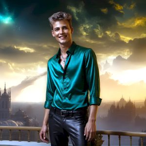 The Beautiful Young Men of the Golden City, is a collection of AI generated images of sexy, glamorous, handsome guys in the heavens. In this fantasy photograph of a young men in their late teens and 20's, overlooking a large golden city in the heavens. Generated to be as realistic as possible, in this this fantasy setting, with todays technology. Wearing jeans, an unbuttoned, vibrant, long-sleeve, button down shirt. The subject is enjoying a beautiful day outdoors. The mystical, galactic landscape, and the vibrant cosmic canopies, every detail, from the texture of the clouds, to the magnificent, majestic gothic architecture of the golden city, is crafted to create an atmosphere of reverence and divine glory. With a breathtaking scene, offering warm golden hour lighting. The heavenly landscape evokes a sense of freedom and tranquility, that is expresses through his facial features and smile, as day turns to night. The heavenly landscape evokes a sense of mysterious black space and light, with a vast galaxy that almost covers the image, the stars and constellations sparkle bright, in dark blue sky.