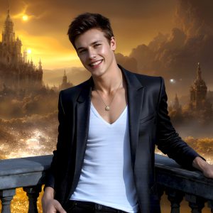 The Beautiful Young Men of the Golden City, is a collection of AI generated images of sexy, glamorous, handsome guys in the heavens. In this fantasy photograph of a young men in their late teens and 20's, overlooking a large golden city in the heavens. Generated to be as realistic as possible, in this this fantasy setting, with todays technology. Wearing jeans, an unbuttoned, vibrant, long-sleeve, button down shirt. The subject is enjoying a beautiful day outdoors. The mystical, galactic landscape, and the vibrant cosmic canopies, every detail, from the texture of the clouds, to the magnificent, majestic gothic architecture of the golden city, is crafted to create an atmosphere of reverence and divine glory. With a breathtaking scene, offering warm golden hour lighting. The heavenly landscape evokes a sense of freedom and tranquility, that is expresses through his facial features and smile, as day turns to night. The heavenly landscape evokes a sense of mysterious black space and light, with a vast galaxy that almost covers the image, the stars and constellations sparkle bright, in dark blue sky.