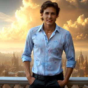 The Beautiful Young Men of the Golden City, is a collection of AI generated images of sexy, glamorous, handsome guys in the heavens. In this fantasy photograph of a young men in their late teens and 20's, overlooking a large golden city in the heavens. Generated to be as realistic as possible, in this this fantasy setting, with todays technology. Wearing jeans, an unbuttoned, vibrant, long-sleeve, button down shirt. The subject is enjoying a beautiful day outdoors. The mystical, galactic landscape, and the vibrant cosmic canopies, every detail, from the texture of the clouds, to the magnificent, majestic gothic architecture of the golden city, is crafted to create an atmosphere of reverence and divine glory. With a breathtaking scene, offering warm golden hour lighting. The heavenly landscape evokes a sense of freedom and tranquility, that is expresses through his facial features and smile, as day turns to night. The heavenly landscape evokes a sense of mysterious black space and light, with a vast galaxy that almost covers the image, the stars and constellations sparkle bright, in dark blue sky.