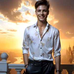 The Beautiful Young Men of the Golden City, is a collection of AI generated images of sexy, glamorous, handsome guys in the heavens. In this fantasy photograph of a young men in their late teens and 20's, overlooking a large golden city in the heavens. Generated to be as realistic as possible, in this this fantasy setting, with todays technology. Wearing jeans, an unbuttoned, vibrant, long-sleeve, button down shirt. The subject is enjoying a beautiful day outdoors. The mystical, galactic landscape, and the vibrant cosmic canopies, every detail, from the texture of the clouds, to the magnificent, majestic gothic architecture of the golden city, is crafted to create an atmosphere of reverence and divine glory. With a breathtaking scene, offering warm golden hour lighting. The heavenly landscape evokes a sense of freedom and tranquility, that is expresses through his facial features and smile, as day turns to night. The heavenly landscape evokes a sense of mysterious black space and light, with a vast galaxy that almost covers the image, the stars and constellations sparkle bright, in dark blue sky.
