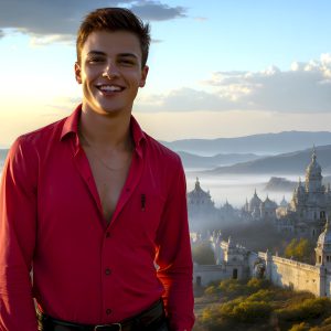 The Beautiful Young Men of the Golden City, is a collection of AI generated images of sexy, glamorous, handsome guys in the heavens. In this fantasy photograph of a young men in their late teens and 20's, overlooking a large golden city in the heavens. Generated to be as realistic as possible, in this this fantasy setting, with todays technology. Wearing jeans, an unbuttoned, vibrant, long-sleeve, button down shirt. The subject is enjoying a beautiful day outdoors. The mystical, galactic landscape, and the vibrant cosmic canopies, every detail, from the texture of the clouds, to the magnificent, majestic gothic architecture of the golden city, is crafted to create an atmosphere of reverence and divine glory. With a breathtaking scene, offering warm golden hour lighting. The heavenly landscape evokes a sense of freedom and tranquility, that is expresses through his facial features and smile, as day turns to night. The heavenly landscape evokes a sense of mysterious black space and light, with a vast galaxy that almost covers the image, the stars and constellations sparkle bright, in dark blue sky.