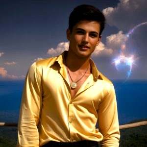 The Beautiful Young Men of the Golden City, is a collection of AI generated images of sexy, glamorous, handsome guys in the heavens. In this fantasy photograph of a young men in their late teens and 20's, overlooking a large golden city in the heavens. Generated to be as realistic as possible, in this this fantasy setting, with todays technology. Wearing jeans, an unbuttoned, vibrant, long-sleeve, button down shirt. The subject is enjoying a beautiful day outdoors. The mystical, galactic landscape, and the vibrant cosmic canopies, every detail, from the texture of the clouds, to the magnificent, majestic gothic architecture of the golden city, is crafted to create an atmosphere of reverence and divine glory. With a breathtaking scene, offering warm golden hour lighting. The heavenly landscape evokes a sense of freedom and tranquility, that is expresses through his facial features and smile, as day turns to night. The heavenly landscape evokes a sense of mysterious black space and light, with a vast galaxy that almost covers the image, the stars and constellations sparkle bright, in dark blue sky.