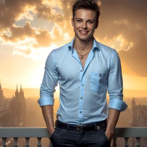 The Beautiful Young Men of the Golden City, is a collection of AI generated images of sexy, glamorous, handsome guys in the heavens. In this fantasy photograph of a young men in their late teens and 20's, overlooking a large golden city in the heavens. Generated to be as realistic as possible, in this this fantasy setting, with todays technology. Wearing jeans, an unbuttoned, vibrant, long-sleeve, button down shirt. The subject is enjoying a beautiful day outdoors. The mystical, galactic landscape, and the vibrant cosmic canopies, every detail, from the texture of the clouds, to the magnificent, majestic gothic architecture of the golden city, is crafted to create an atmosphere of reverence and divine glory. With a breathtaking scene, offering warm golden hour lighting. The heavenly landscape evokes a sense of freedom and tranquility, that is expresses through his facial features and smile, as day turns to night. The heavenly landscape evokes a sense of mysterious black space and light, with a vast galaxy that almost covers the image, the stars and constellations sparkle bright, in dark blue sky.