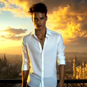 The Beautiful Young Men of the Golden City, is a collection of AI generated images of sexy, glamorous, handsome guys in the heavens. In this fantasy photograph of a young men in their late teens and 20's, overlooking a large golden city in the heavens. Generated to be as realistic as possible, in this this fantasy setting, with todays technology. Wearing jeans, an unbuttoned, vibrant, long-sleeve, button down shirt. The subject is enjoying a beautiful day outdoors. The mystical, galactic landscape, and the vibrant cosmic canopies, every detail, from the texture of the clouds, to the magnificent, majestic gothic architecture of the golden city, is crafted to create an atmosphere of reverence and divine glory. With a breathtaking scene, offering warm golden hour lighting. The heavenly landscape evokes a sense of freedom and tranquility, that is expresses through his facial features and smile, as day turns to night. The heavenly landscape evokes a sense of mysterious black space and light, with a vast galaxy that almost covers the image, the stars and constellations sparkle bright, in dark blue sky.