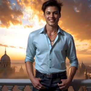 The Beautiful Young Men of the Golden City, is a collection of AI generated images of sexy, glamorous, handsome guys in the heavens. In this fantasy photograph of a young men in their late teens and 20's, overlooking a large golden city in the heavens. Generated to be as realistic as possible, in this this fantasy setting, with todays technology. Wearing jeans, an unbuttoned, vibrant, long-sleeve, button down shirt. The subject is enjoying a beautiful day outdoors. The mystical, galactic landscape, and the vibrant cosmic canopies, every detail, from the texture of the clouds, to the magnificent, majestic gothic architecture of the golden city, is crafted to create an atmosphere of reverence and divine glory. With a breathtaking scene, offering warm golden hour lighting. The heavenly landscape evokes a sense of freedom and tranquility, that is expresses through his facial features and smile, as day turns to night. The heavenly landscape evokes a sense of mysterious black space and light, with a vast galaxy that almost covers the image, the stars and constellations sparkle bright, in dark blue sky.