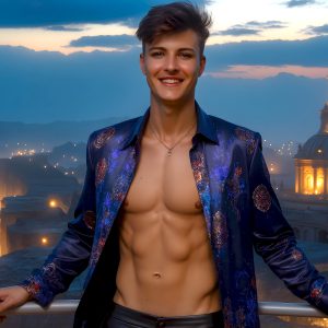 The Beautiful Young Men of the Golden City, is a collection of AI generated images of sexy, glamorous, handsome guys in the heavens. In this fantasy photograph of a young men in their late teens and 20's, overlooking a large golden city in the heavens. Generated to be as realistic as possible, in this this fantasy setting, with todays technology. Wearing jeans, an unbuttoned, vibrant, long-sleeve, button down shirt. The subject is enjoying a beautiful day outdoors. The mystical, galactic landscape, and the vibrant cosmic canopies, every detail, from the texture of the clouds, to the magnificent, majestic gothic architecture of the golden city, is crafted to create an atmosphere of reverence and divine glory. With a breathtaking scene, offering warm golden hour lighting. The heavenly landscape evokes a sense of freedom and tranquility, that is expresses through his facial features and smile, as day turns to night. The heavenly landscape evokes a sense of mysterious black space and light, with a vast galaxy that almost covers the image, the stars and constellations sparkle bright, in dark blue sky.