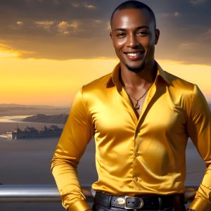 The Beautiful Young Men of the Golden City, is a collection of AI generated images of sexy, glamorous, handsome guys in the heavens. In this fantasy photograph of a young men in their late teens and 20's, overlooking a large golden city in the heavens. Generated to be as realistic as possible, in this this fantasy setting, with todays technology. Wearing jeans, an unbuttoned, vibrant, long-sleeve, button down shirt. The subject is enjoying a beautiful day outdoors. The mystical, galactic landscape, and the vibrant cosmic canopies, every detail, from the texture of the clouds, to the magnificent, majestic gothic architecture of the golden city, is crafted to create an atmosphere of reverence and divine glory. With a breathtaking scene, offering warm golden hour lighting. The heavenly landscape evokes a sense of freedom and tranquility, that is expresses through his facial features and smile, as day turns to night. The heavenly landscape evokes a sense of mysterious black space and light, with a vast galaxy that almost covers the image, the stars and constellations sparkle bright, in dark blue sky.