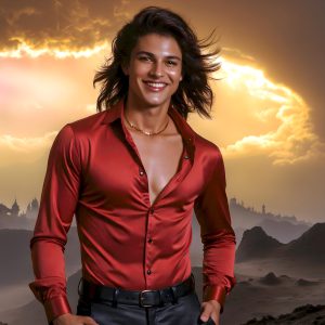 The Beautiful Young Men of the Golden City, is a collection of AI generated images of sexy, glamorous, handsome guys in the heavens. In this fantasy photograph of a young men in their late teens and 20's, overlooking a large golden city in the heavens. Generated to be as realistic as possible, in this this fantasy setting, with todays technology. Wearing jeans, an unbuttoned, vibrant, long-sleeve, button down shirt. The subject is enjoying a beautiful day outdoors. The mystical, galactic landscape, and the vibrant cosmic canopies, every detail, from the texture of the clouds, to the magnificent, majestic gothic architecture of the golden city, is crafted to create an atmosphere of reverence and divine glory. With a breathtaking scene, offering warm golden hour lighting. The heavenly landscape evokes a sense of freedom and tranquility, that is expresses through his facial features and smile, as day turns to night. The heavenly landscape evokes a sense of mysterious black space and light, with a vast galaxy that almost covers the image, the stars and constellations sparkle bright, in dark blue sky.