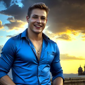 The Beautiful Young Men of the Golden City, is a collection of AI generated images of sexy, glamorous, handsome guys in the heavens. In this fantasy photograph of a young men in their late teens and 20's, overlooking a large golden city in the heavens. Generated to be as realistic as possible, in this this fantasy setting, with todays technology. Wearing jeans, an unbuttoned, vibrant, long-sleeve, button down shirt. The subject is enjoying a beautiful day outdoors. The mystical, galactic landscape, and the vibrant cosmic canopies, every detail, from the texture of the clouds, to the magnificent, majestic gothic architecture of the golden city, is crafted to create an atmosphere of reverence and divine glory. With a breathtaking scene, offering warm golden hour lighting. The heavenly landscape evokes a sense of freedom and tranquility, that is expresses through his facial features and smile, as day turns to night. The heavenly landscape evokes a sense of mysterious black space and light, with a vast galaxy that almost covers the image, the stars and constellations sparkle bright, in dark blue sky.