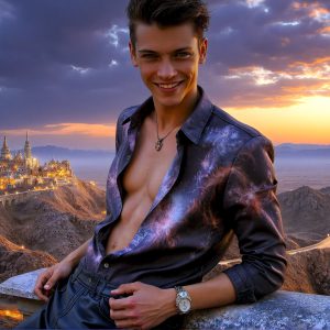 The Beautiful Young Men of the Golden City, is a collection of AI generated images of sexy, glamorous, handsome guys in the heavens. In this fantasy photograph of a young men in their late teens and 20's, overlooking a large golden city in the heavens. Generated to be as realistic as possible, in this this fantasy setting, with todays technology. Wearing jeans, an unbuttoned, vibrant, long-sleeve, button down shirt. The subject is enjoying a beautiful day outdoors. The mystical, galactic landscape, and the vibrant cosmic canopies, every detail, from the texture of the clouds, to the magnificent, majestic gothic architecture of the golden city, is crafted to create an atmosphere of reverence and divine glory. With a breathtaking scene, offering warm golden hour lighting. The heavenly landscape evokes a sense of freedom and tranquility, that is expresses through his facial features and smile, as day turns to night. The heavenly landscape evokes a sense of mysterious black space and light, with a vast galaxy that almost covers the image, the stars and constellations sparkle bright, in dark blue sky.