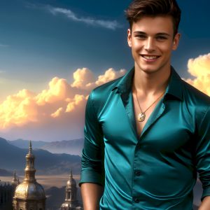 The Beautiful Young Men of the Golden City, is a collection of AI generated images of sexy, glamorous, handsome guys in the heavens. In this fantasy photograph of a young men in their late teens and 20's, overlooking a large golden city in the heavens. Generated to be as realistic as possible, in this this fantasy setting, with todays technology. Wearing jeans, an unbuttoned, vibrant, long-sleeve, button down shirt. The subject is enjoying a beautiful day outdoors. The mystical, galactic landscape, and the vibrant cosmic canopies, every detail, from the texture of the clouds, to the magnificent, majestic gothic architecture of the golden city, is crafted to create an atmosphere of reverence and divine glory. With a breathtaking scene, offering warm golden hour lighting. The heavenly landscape evokes a sense of freedom and tranquility, that is expresses through his facial features and smile, as day turns to night. The heavenly landscape evokes a sense of mysterious black space and light, with a vast galaxy that almost covers the image, the stars and constellations sparkle bright, in dark blue sky.